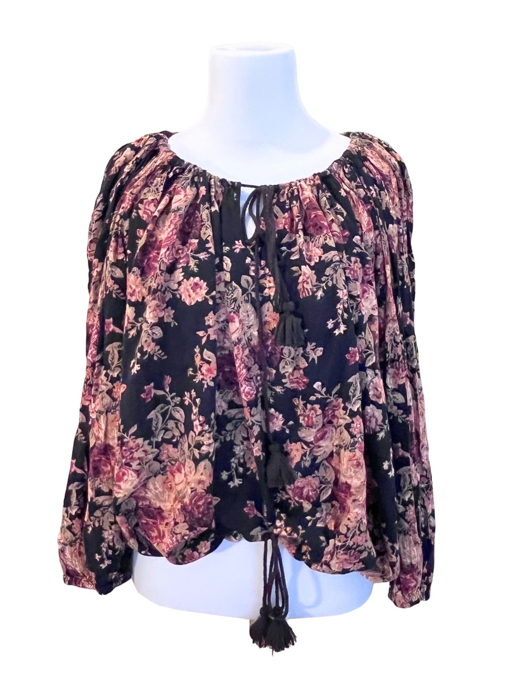Ralph Lauren | XL Black Billowy Soft Peasant Blouse with Mauvy Heritage Florals